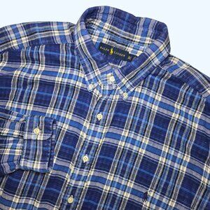 Ralph Lauren Shirt Mens XLT Blue White Plaid Flannel Button Down Heavy Preppy
